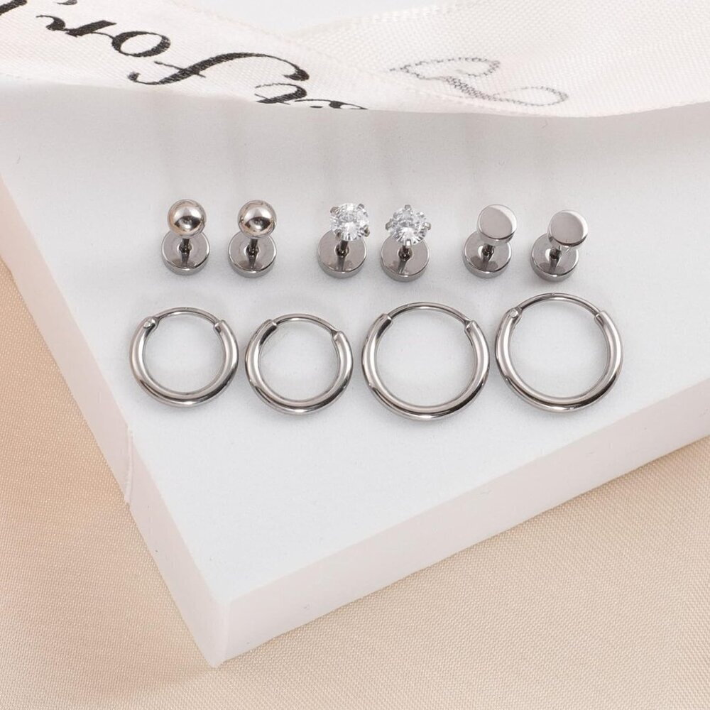 5 Pairs Titanium Earrings Set Hypoallergenic Stud Hoop Jewelry for Sensitive Ear - Picture 2 of 8